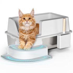 30L Semi Enclosed Cat Litter Box With Footboard And Scoop Stainless Steel Litter Box Plastic Walkway (Option: Default)