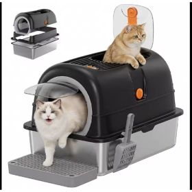 Stainless Steel Enclosed Cat Litter Box With Hood And Scoop (Option: Black)